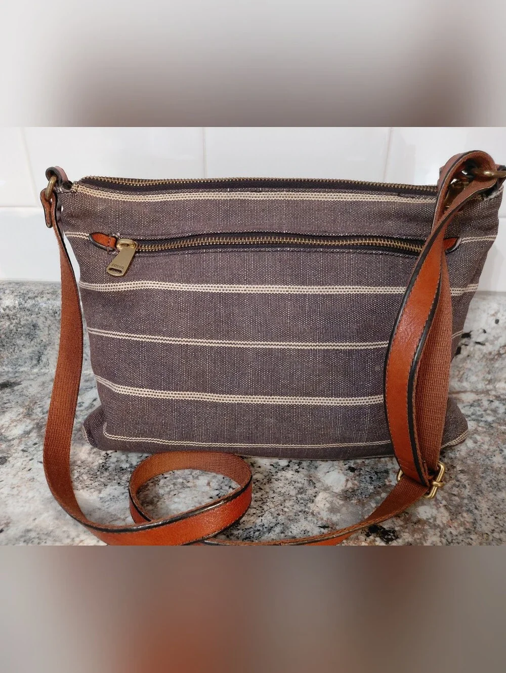 Fossil Women's Kinley Gray Brown Striped Leather & Canvas Crossbody Bag